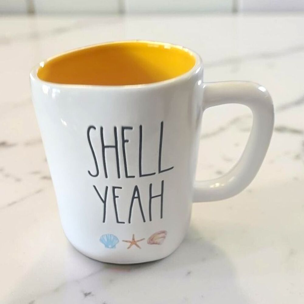 Rae Dunn Magenta "SHELL YEAH" Ceramic Coffee Mug White/Yellow